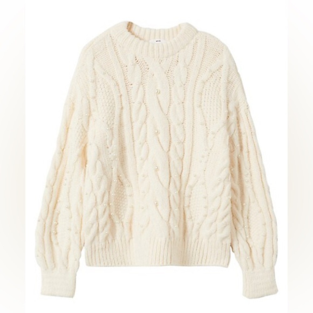 Mango Cream Cable Knit Sweater with Pearl Accents